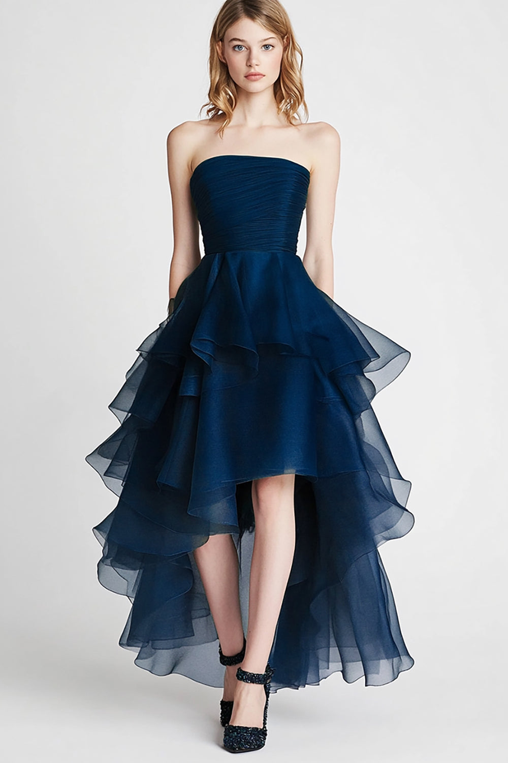Navy Organza A Line Strapless Tiered High-Low Formal Dress