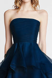 Navy Organza A Line Strapless Tiered High-Low Formal Dress