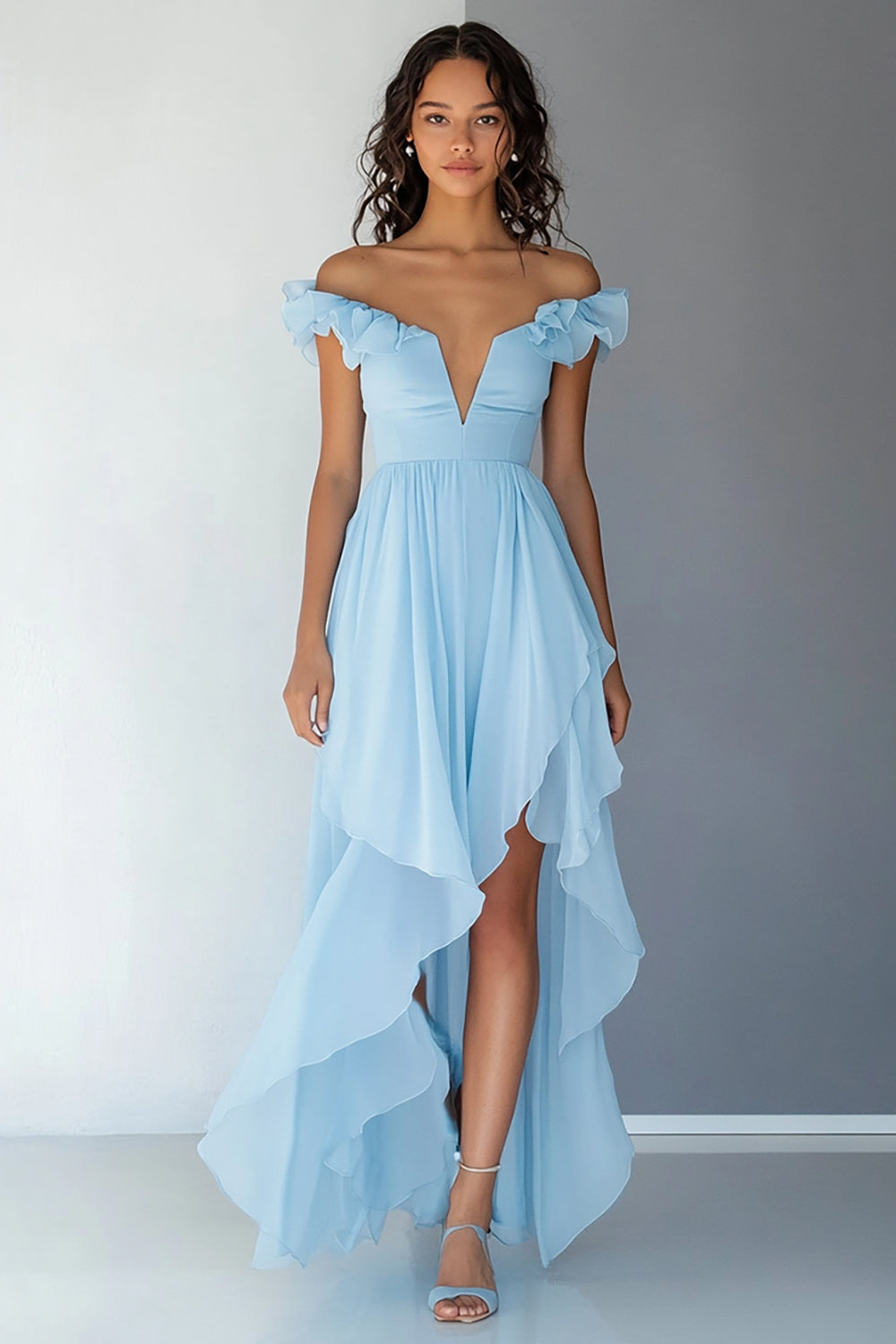 Sky Blue Chiffon Off the Shoulder Ruffled A Line High-Low Formal Dress