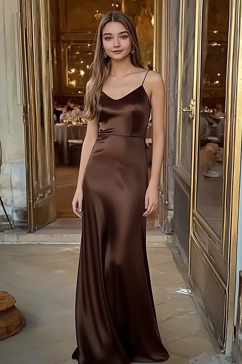 Coffee Satin Spaghetti Straps Sheath Long Formal Dress