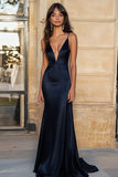 Navy Deep V Neck Satin Mermaid Long Formal Dress