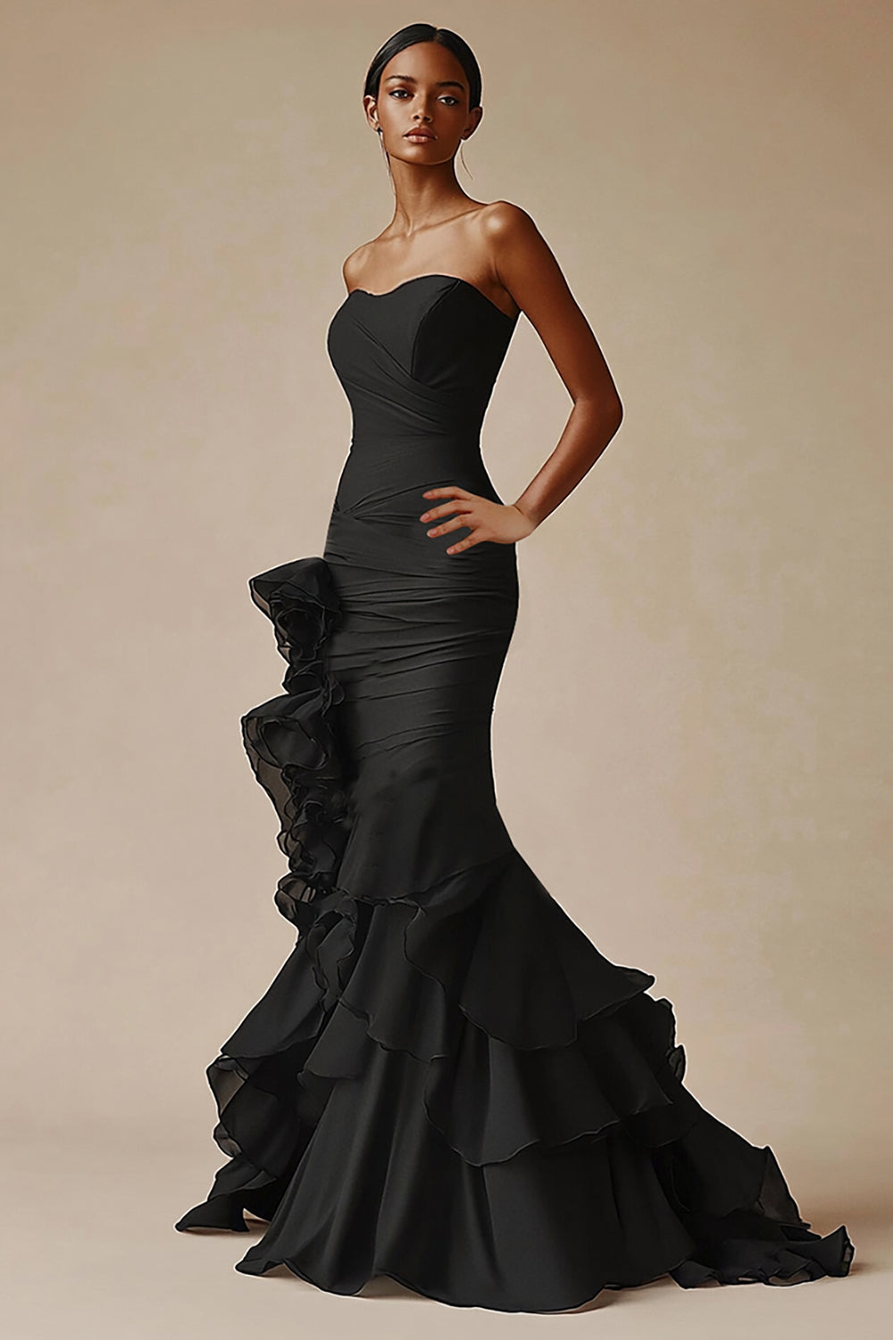 Black Strapless Satin Ruffled Mermaid Formal Dress