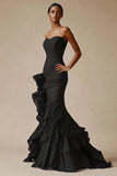 Black Strapless Satin Ruffled Mermaid Formal Dress