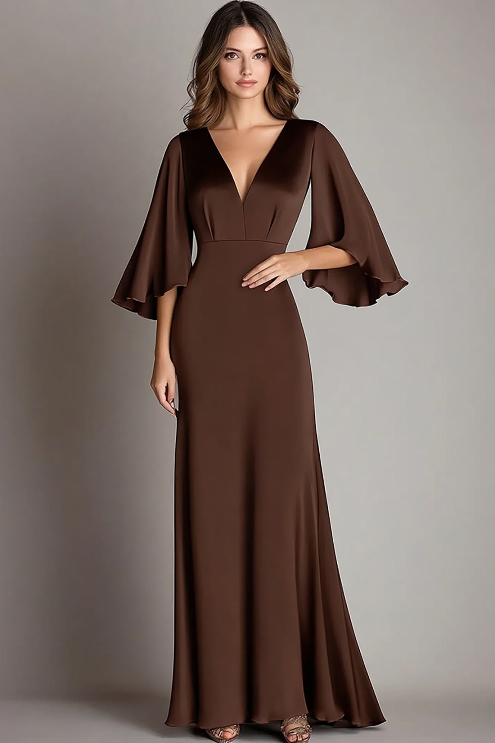 Coffee Satin V Neck Sheath 3/4 Sleeves Formal Dress