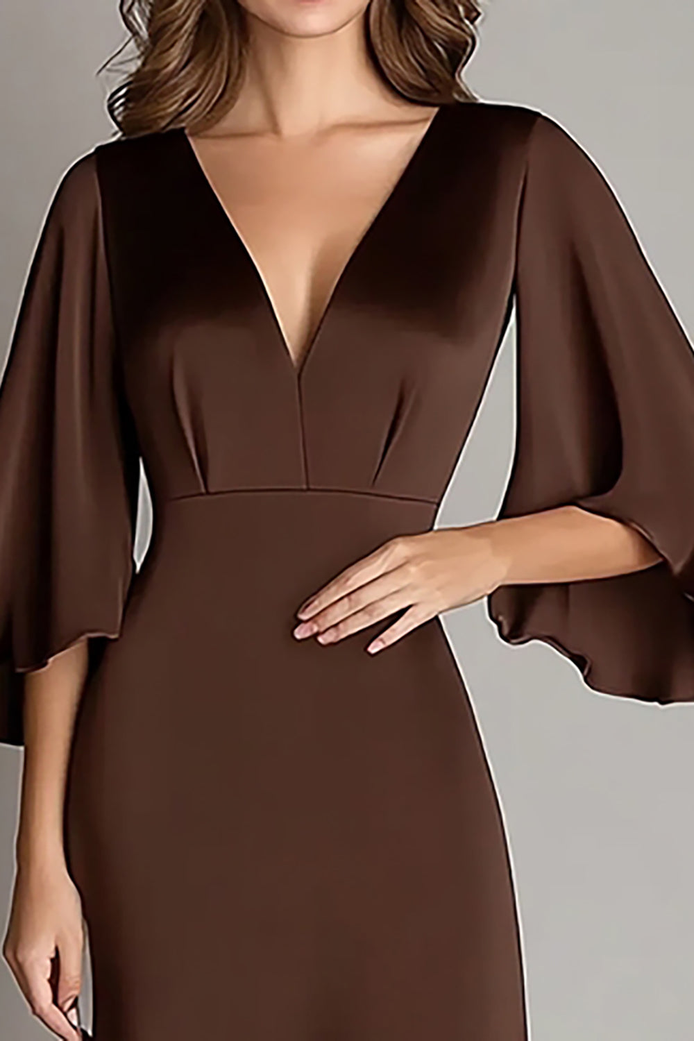 Coffee Satin V Neck Sheath 3/4 Sleeves Formal Dress