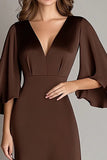 Coffee Satin V Neck Sheath 3/4 Sleeves Formal Dress