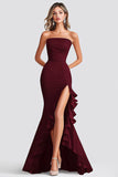 Burgundy Mermaid Strapless Ruffled Slit Formal Dress