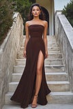 Coffee Satin Strapless Sheath Long Formal Dress with Slit