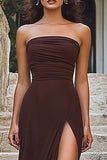 Coffee Satin Strapless Sheath Long Formal Dress with Slit