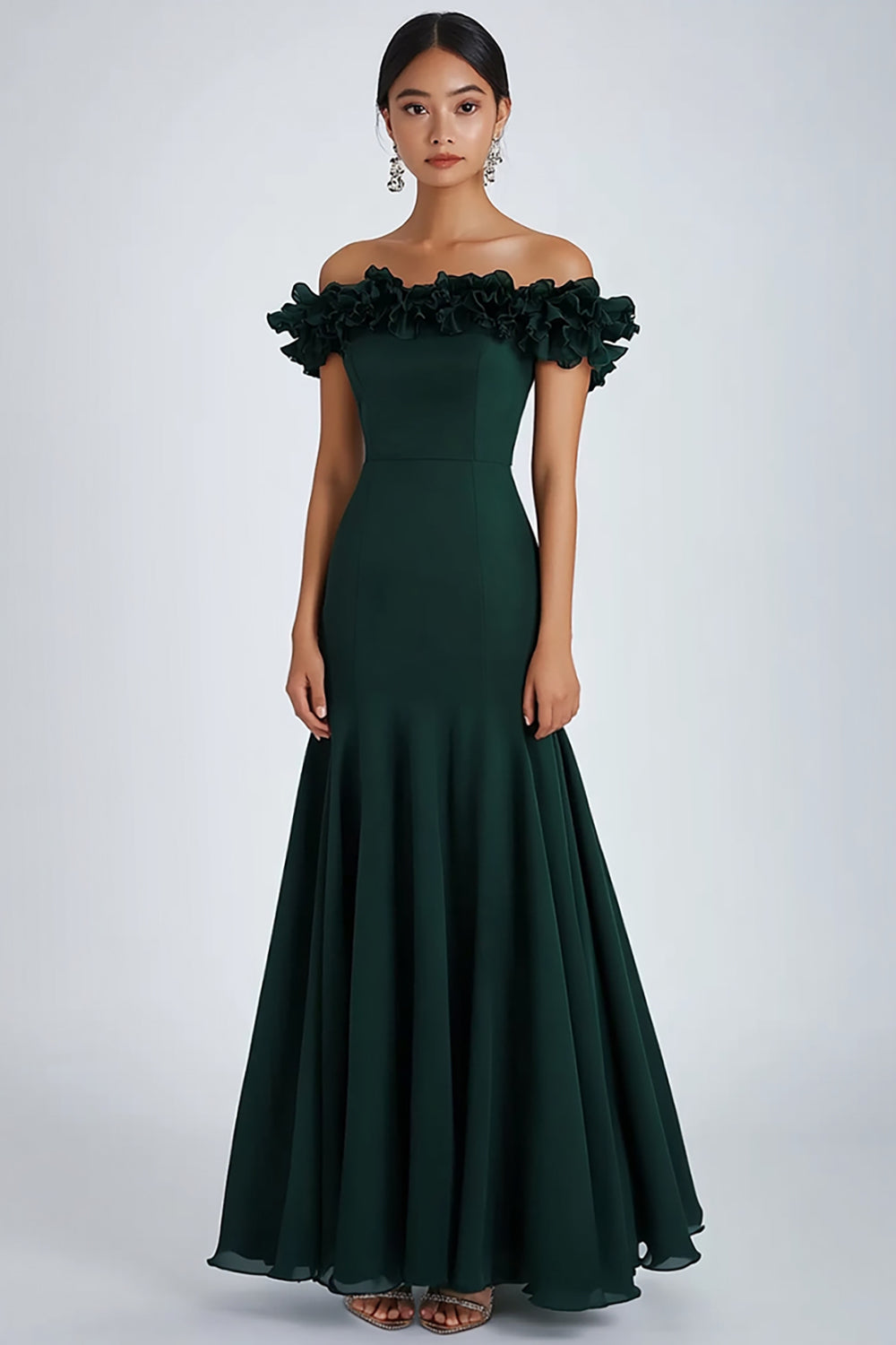 Dark Green Satin Off The Shoulder A Line Formal Dress with Ruffles