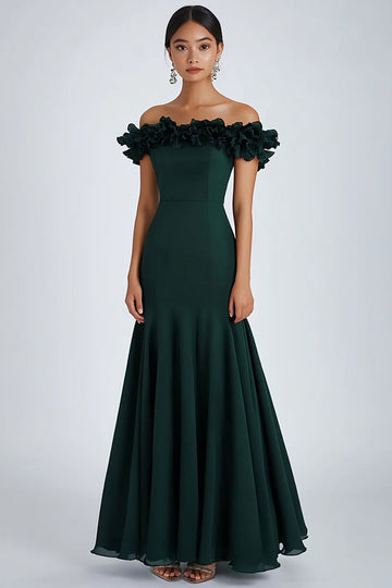Dark Green Satin Off The Shoulder A Line Formal Dress with Ruffles