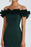 Dark Green Satin Off The Shoulder A Line Formal Dress with Ruffles
