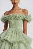 Black Tulle Off The Shoulder Ball Gown Long Formal Dress with Ruffles