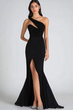 Black Chiffon One Shoulder Long Mermaid Formal Dress with Slit
