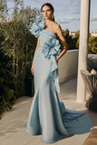 Sky Blue Chiffon One Shoulder Long Mermaid Formal Dress with Ruffles