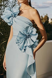 Sky Blue Chiffon One Shoulder Long Mermaid Formal Dress with Ruffles