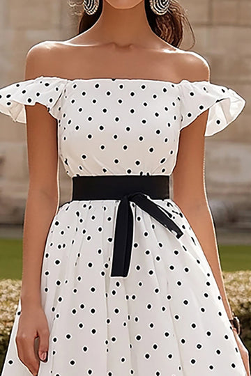 White Off The Shoulder A Line Wedding Guest Dress with Black Dots