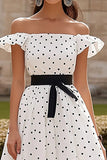 White Off The Shoulder A Line Wedding Guest Dress with Black Dots