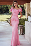 Pink Satin Mermaid Ruched Long Formal Dress with Ruffled Sleeves