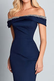 Navy Satin Off The Shoulder Long Mermaid Formal Dress with Beading