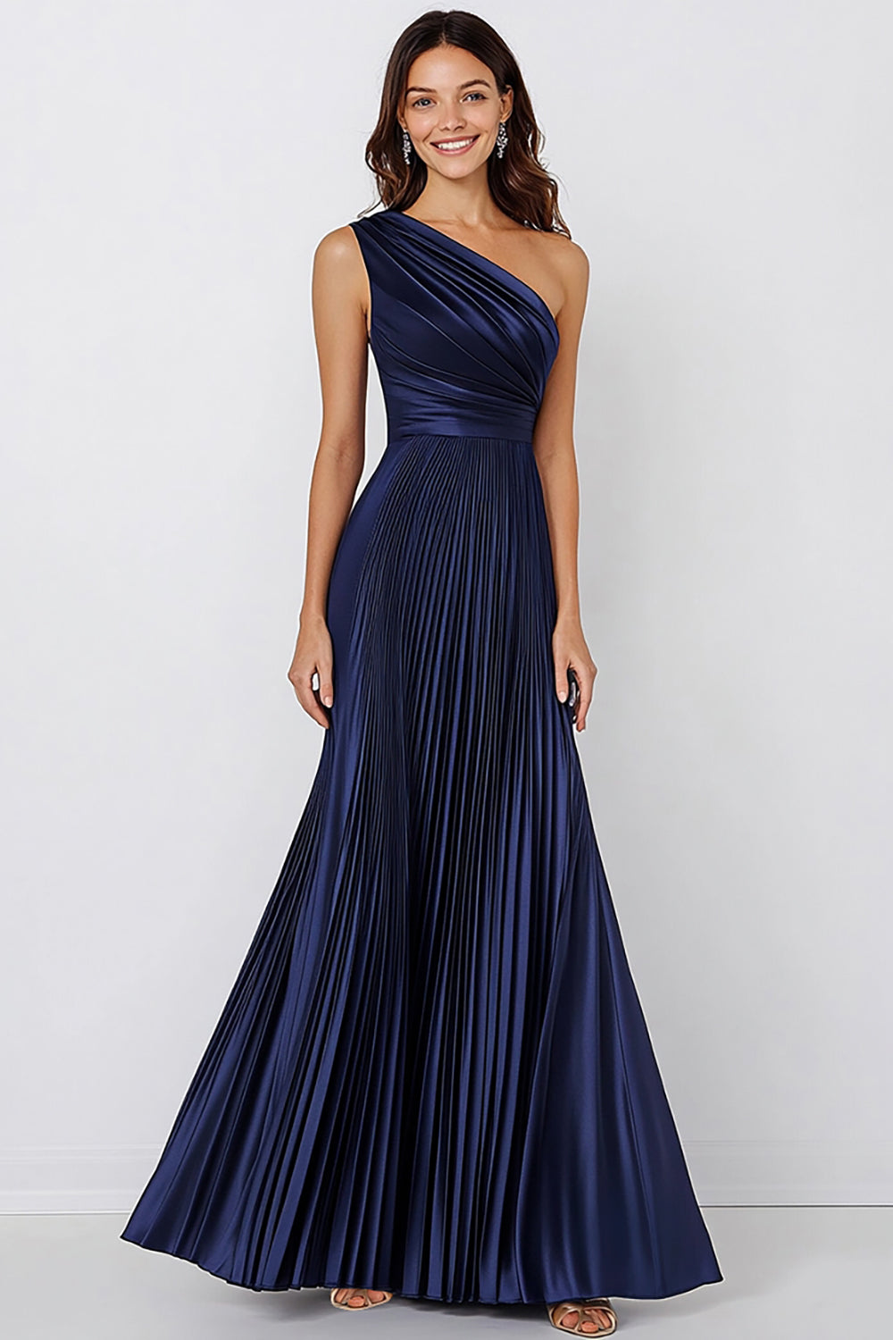 Navy Satin One Shoulder Long Pleated Mermaid Formal Dress
