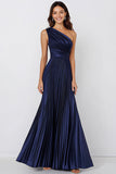 Navy Satin One Shoulder Long Pleated Mermaid Formal Dress