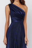 Navy Satin One Shoulder Long Pleated Mermaid Formal Dress