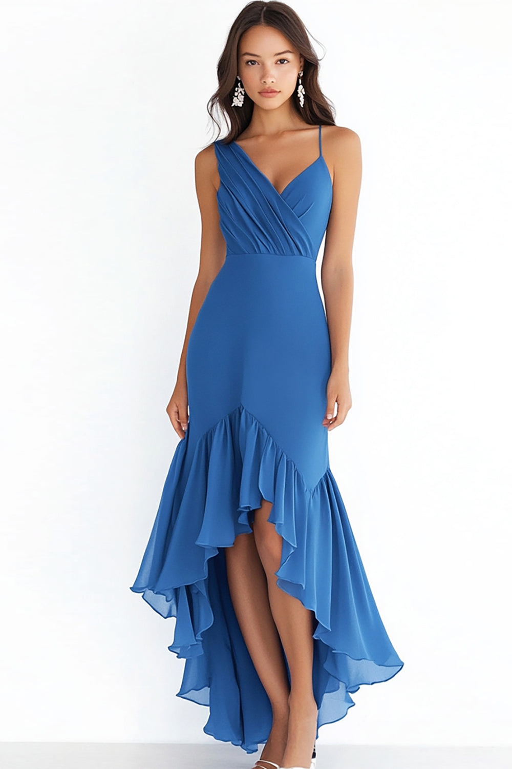 Blue Chiffon V Neck High-Low Sheath Formal Dress with Ruffles