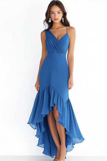 Blue Chiffon V Neck High-Low Sheath Formal Dress with Ruffles