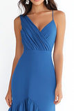 Blue Chiffon V Neck High-Low Sheath Formal Dress with Ruffles