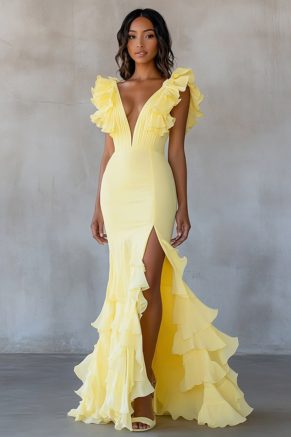 Yellow Chiffon V-Neck Long Mermaid Ruffled Formal Dress with Slit