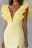 Yellow Chiffon V-Neck Long Mermaid Ruffled Formal Dress with Slit