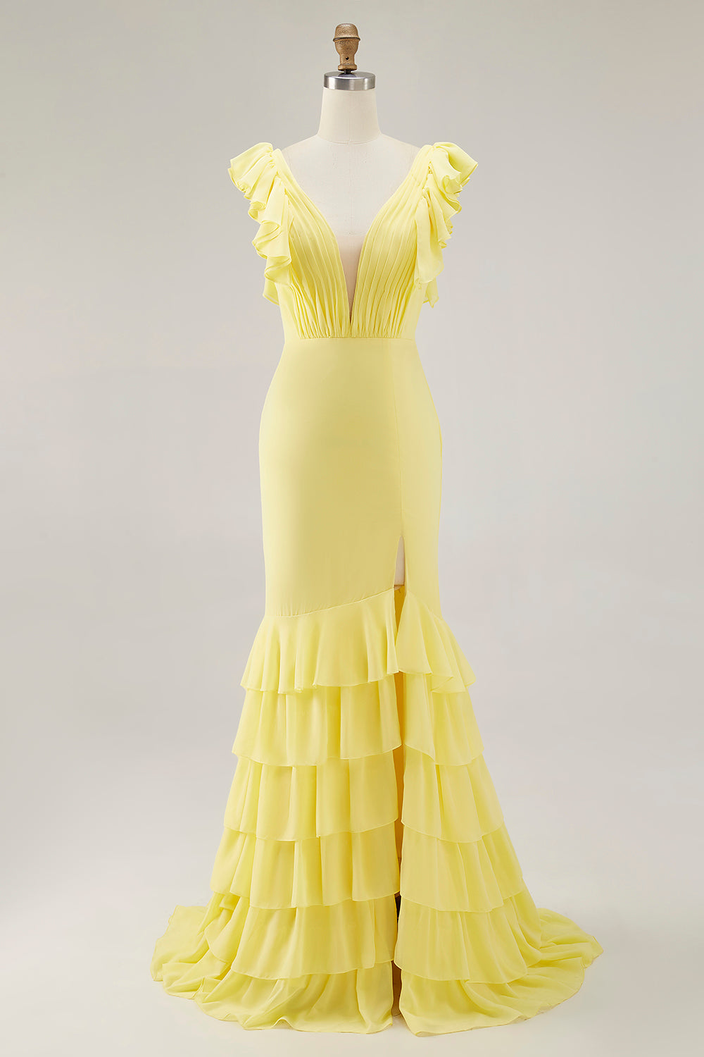 Yellow Chiffon V-Neck Long Mermaid Ruffled Formal Dress with Slit