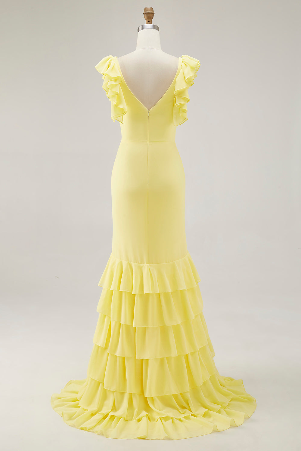 Yellow Chiffon V-Neck Long Mermaid Ruffled Formal Dress with Slit
