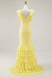 Yellow Chiffon V-Neck Long Mermaid Ruffled Formal Dress with Slit