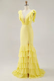 Yellow Chiffon V-Neck Long Mermaid Ruffled Formal Dress with Slit