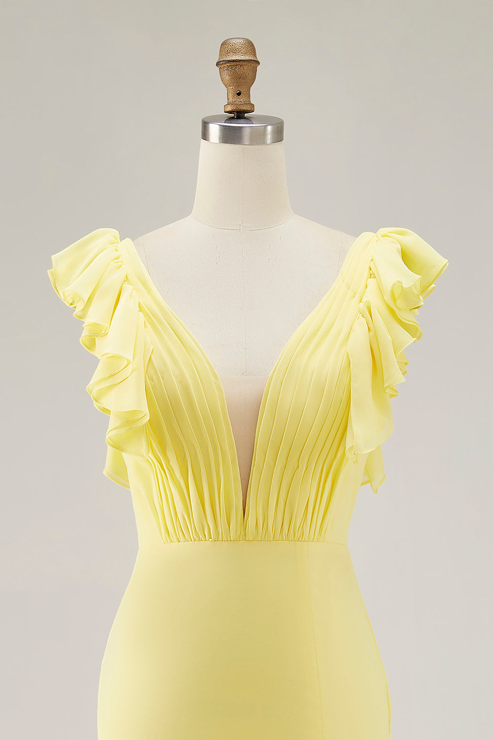 Yellow Chiffon V-Neck Long Mermaid Ruffled Formal Dress with Slit