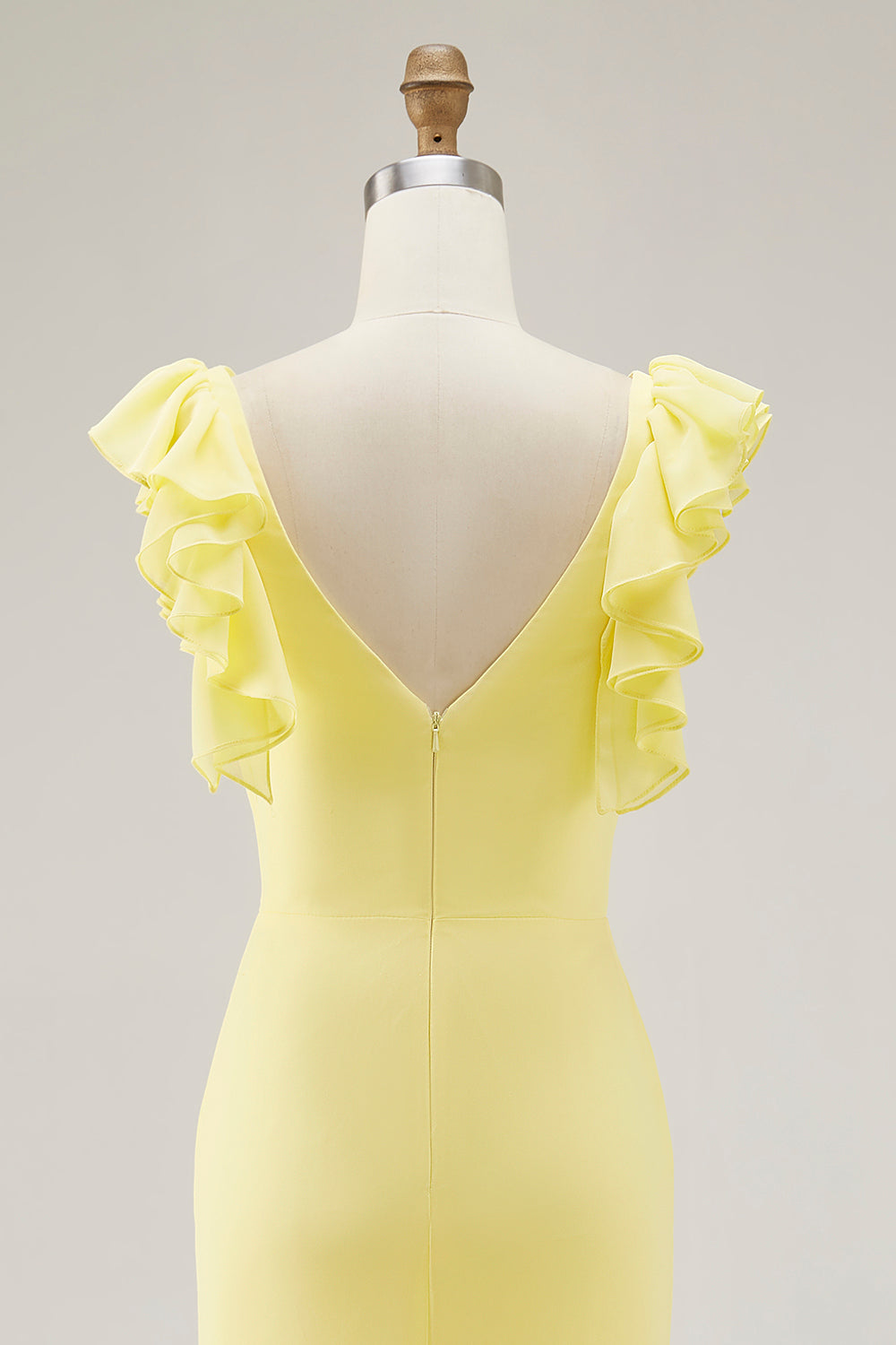 Yellow Chiffon V-Neck Long Mermaid Ruffled Formal Dress with Slit