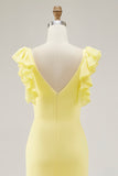 Yellow Chiffon V-Neck Long Mermaid Ruffled Formal Dress with Slit