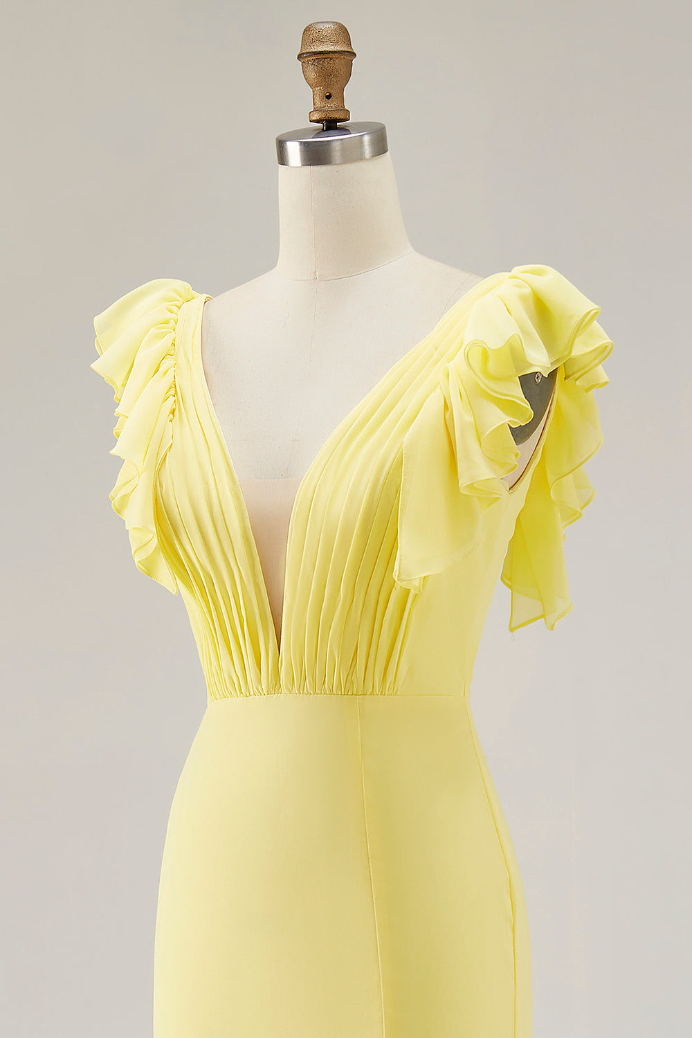Yellow Chiffon V-Neck Long Mermaid Ruffled Formal Dress with Slit