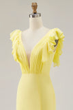 Yellow Chiffon V-Neck Long Mermaid Ruffled Formal Dress with Slit