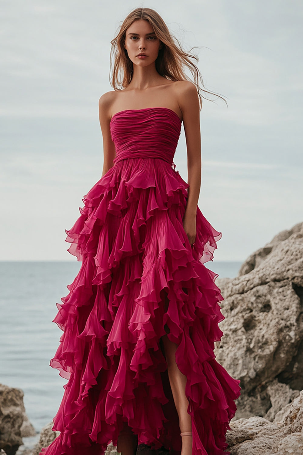 ZAPAKA Women Fuchsia Organza Long Formal Dress with Ruffles Tiered Strapless Ball Gown Prom Dress with Slit