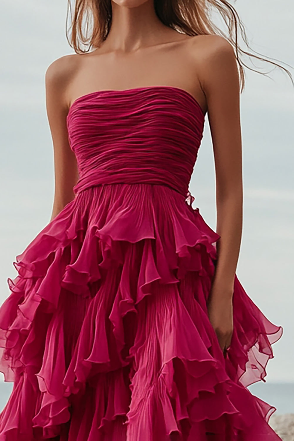 Fuchsia Organza Strapless Long Ball Gown Formal Dress with Ruffles