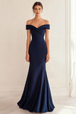 Navy Satin Long Off the Shoulder Mermaid Ruched Formal Dress