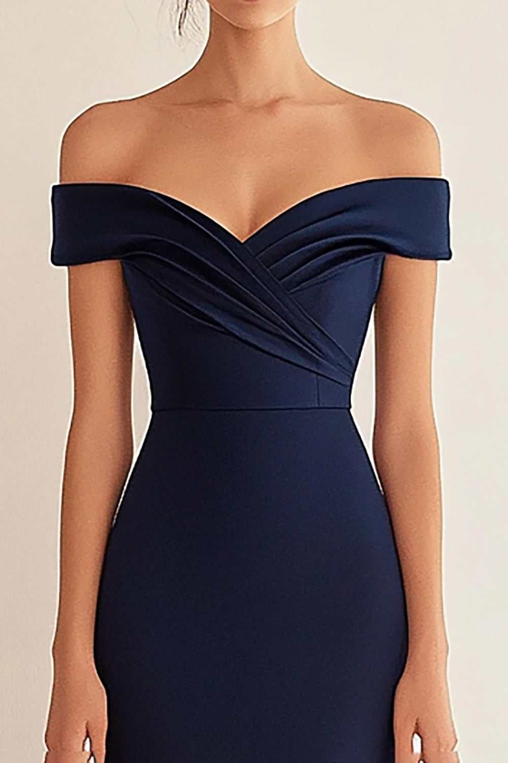 Navy Satin Long Off the Shoulder Mermaid Ruched Formal Dress