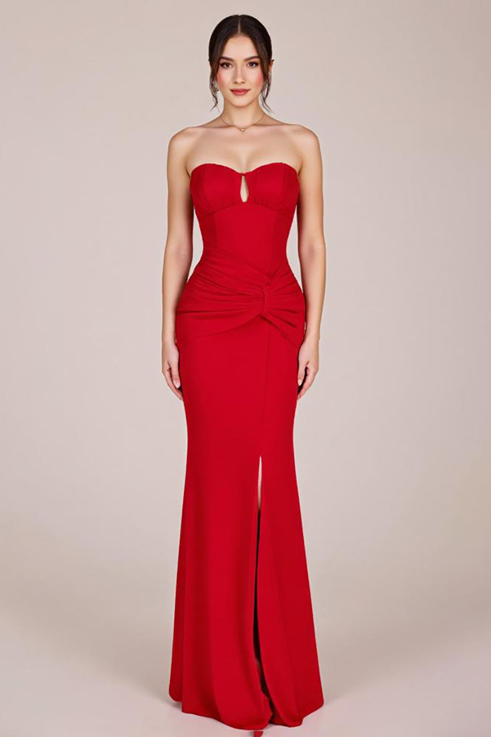 Red Strapless Ruched Mermaid Long Formal Dress with Slit