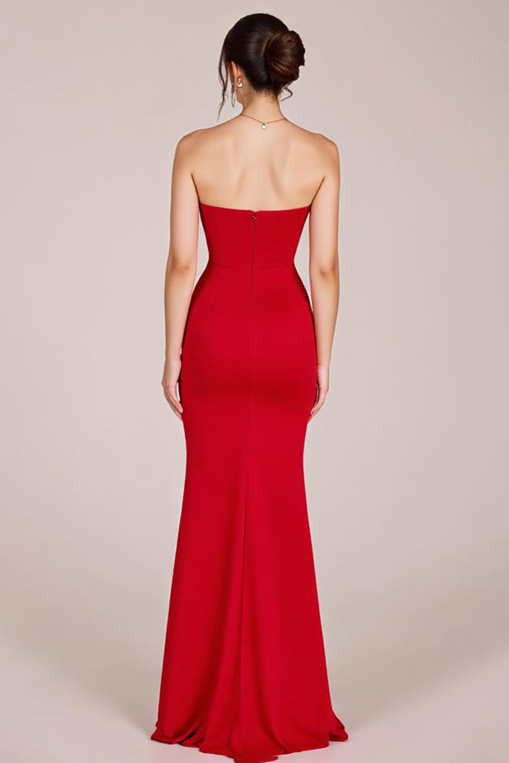 Red Strapless Ruched Mermaid Long Formal Dress with Slit