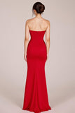 Red Strapless Ruched Mermaid Long Formal Dress with Slit