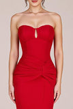 Red Strapless Ruched Mermaid Long Formal Dress with Slit