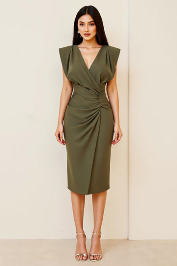 Olive Satin Midi V Neck Ruched Bodycon Formal Dress